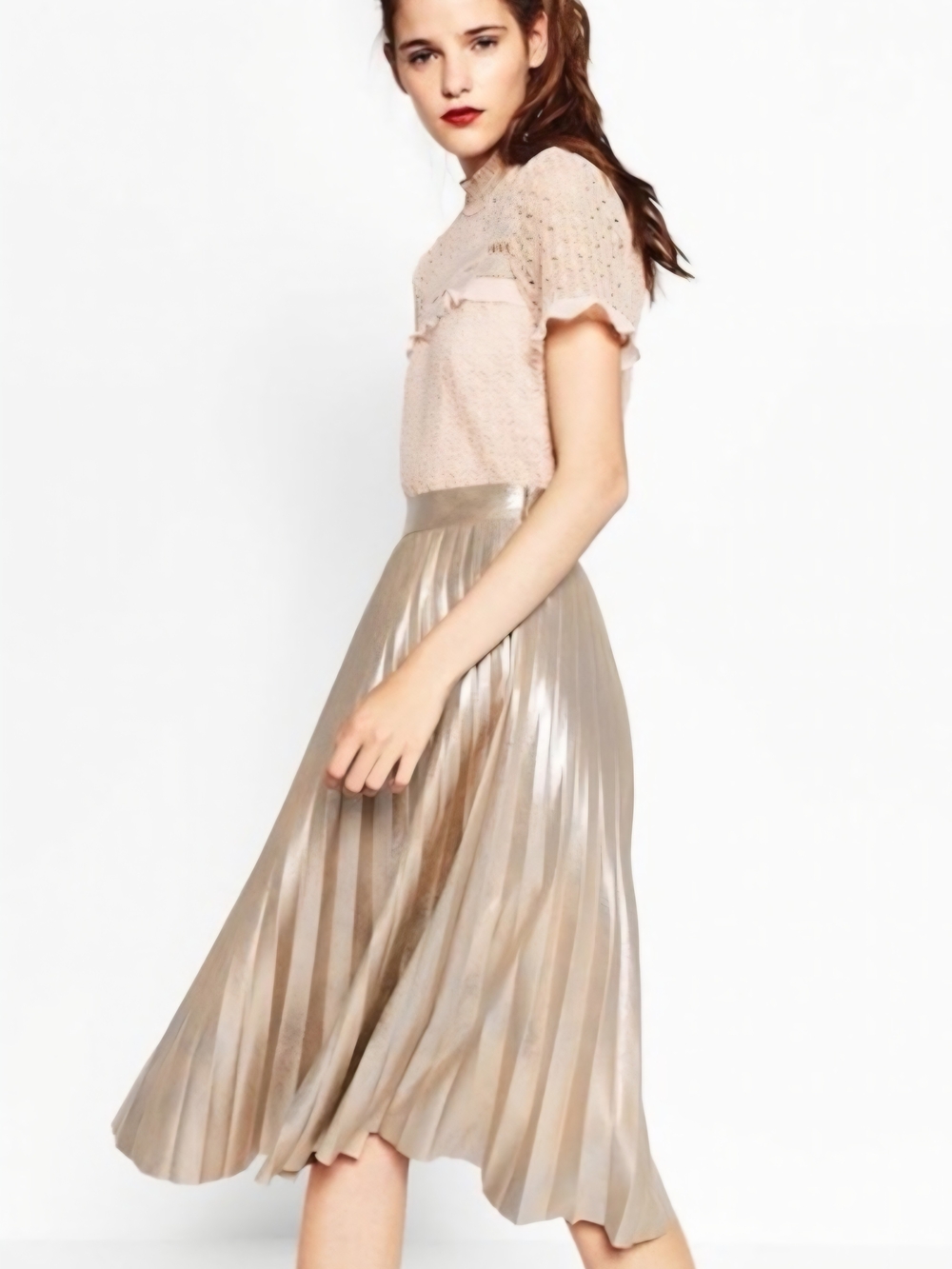 Zara Woman Gold Metallic Pleated Midi Skirt - Size M
